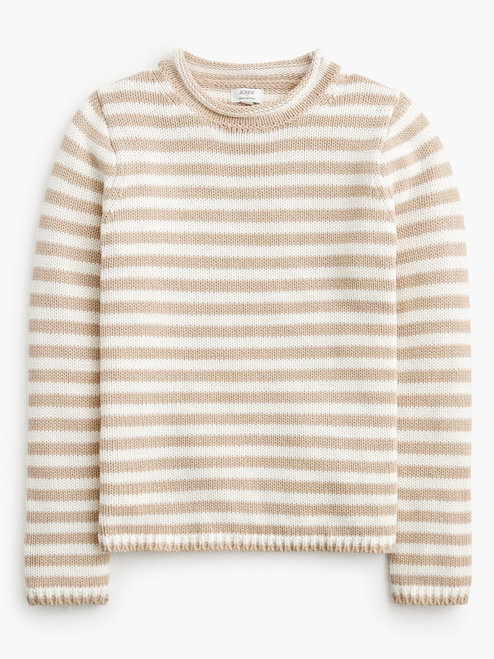 NEW J. Crew | Rollneck Mockneck 100% Cotton Striped Beige & Cream White Sweater